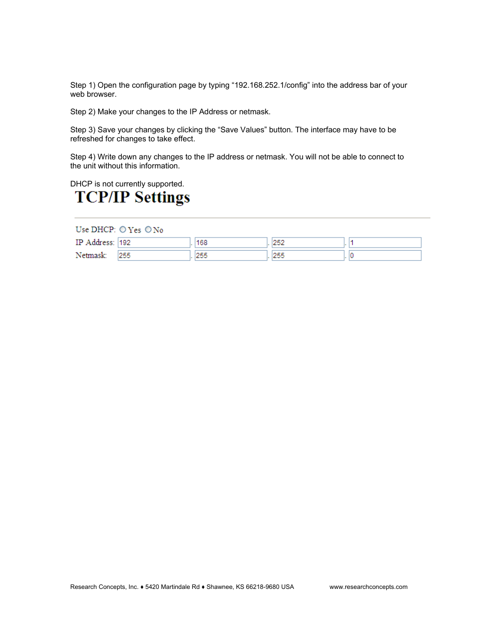 7 changing the tcp/ip settings, Changing the tcp/ip settings | Research Concepts RC300 User Manual | Page 21 / 35
