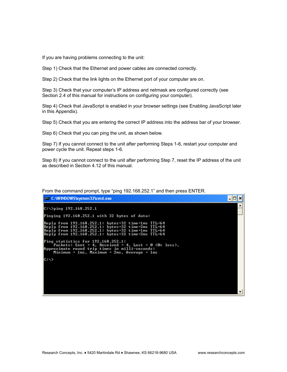 Appendix a troubleshooting, Pinging the rc300 | Research Concepts RC300 User Manual | Page 32 / 35