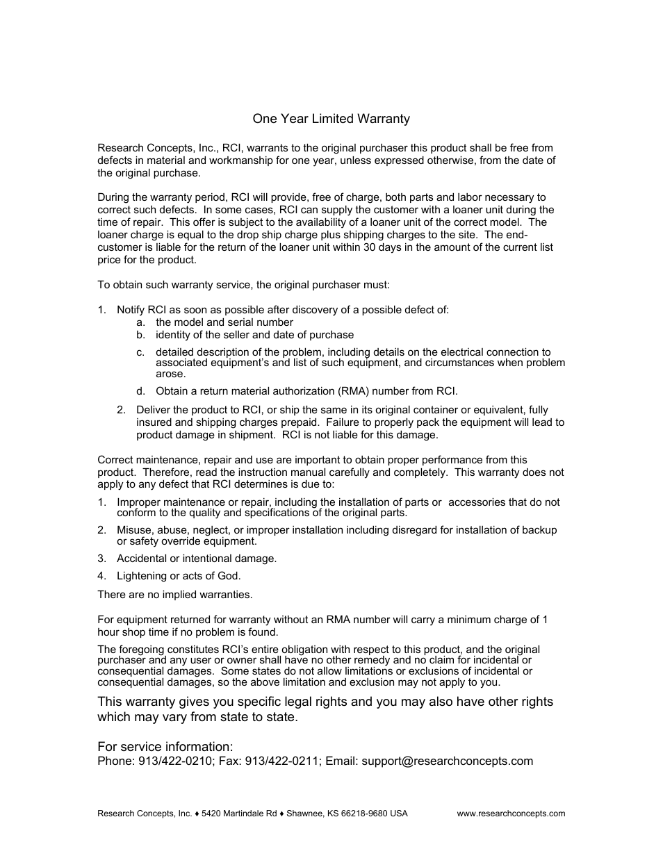 Warranty, Warranty 35 | Research Concepts RC300 User Manual | Page 35 / 35