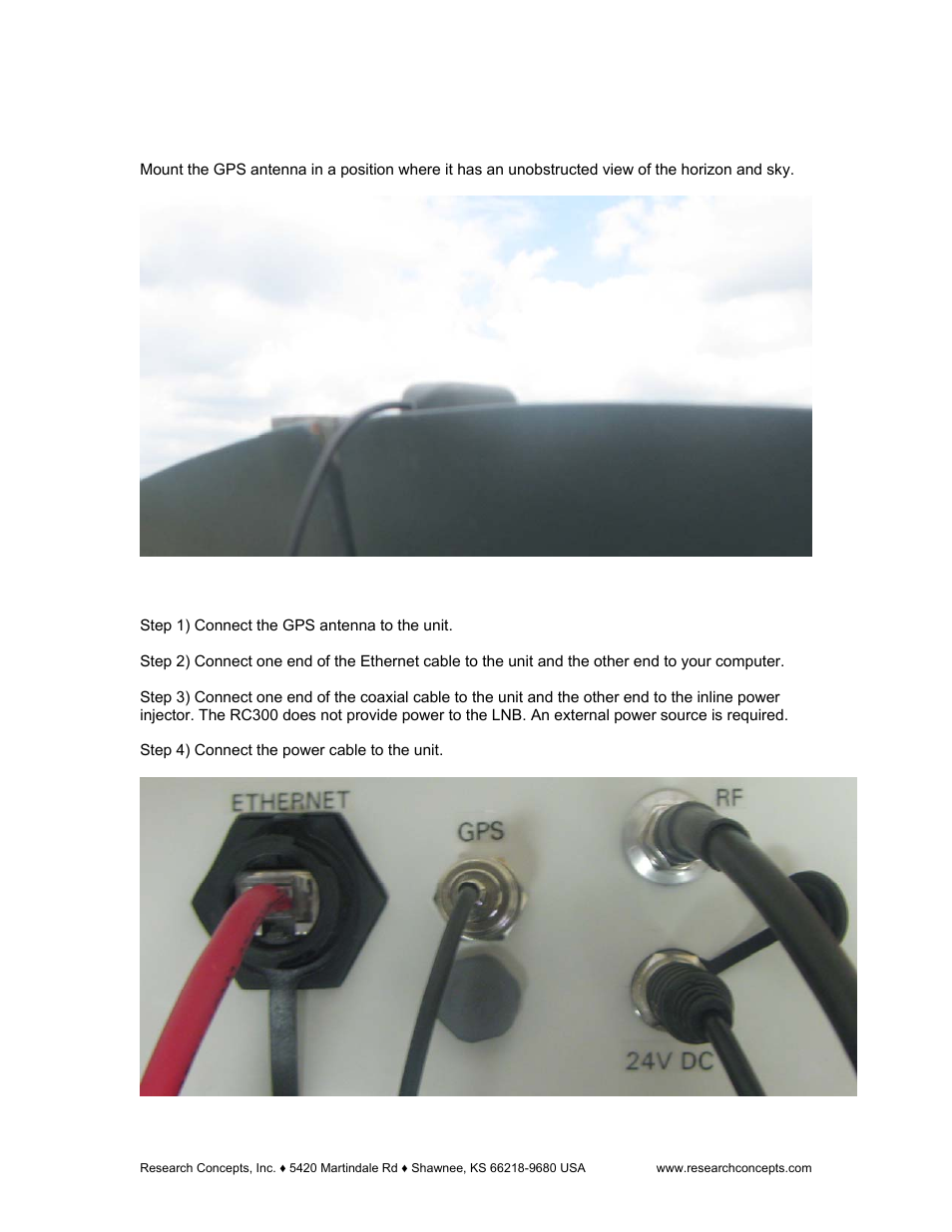 2 mounting the gps antenna, Mounting the gps antenna, Connecting the cables | 3 connecting the cables | Research Concepts RC300 User Manual | Page 9 / 35