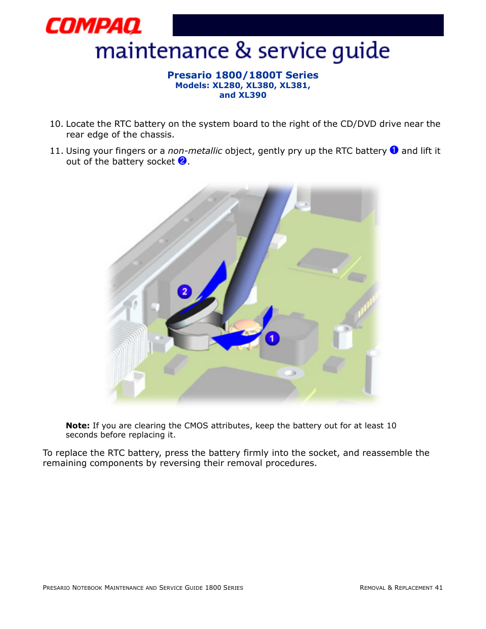 And lift it out of the battery socket | Compaq XL280 User Manual | Page 110 / 134