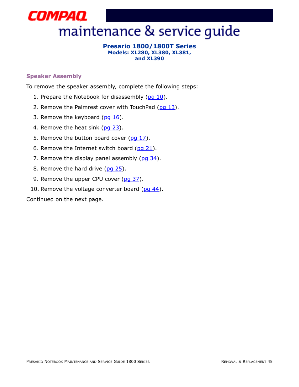 Speaker assembly, Speaker assembly removal procedures | Compaq XL280 User Manual | Page 114 / 134