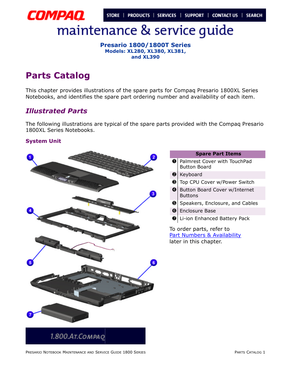 Parts catalog, Illustrated parts, System unit | Parts, Catalog | Compaq XL280 User Manual | Page 123 / 134