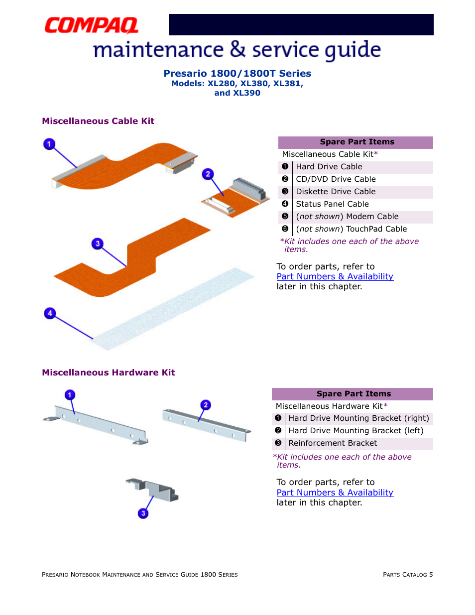 Miscellaneous cable kit, Miscellaneous hardware kit | Compaq XL280 User Manual | Page 127 / 134