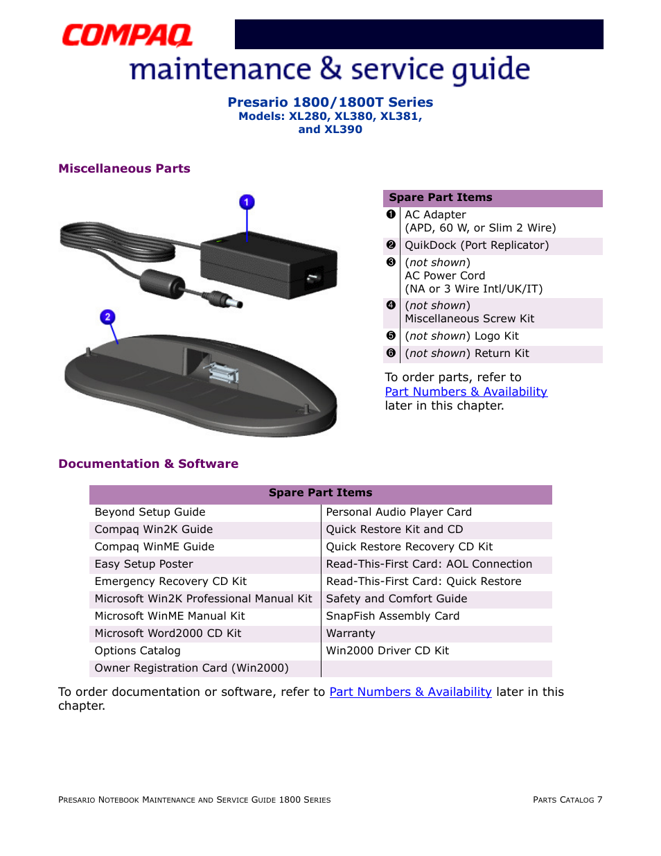 Miscellaneous parts, Documentation & software | Compaq XL280 User Manual | Page 129 / 134
