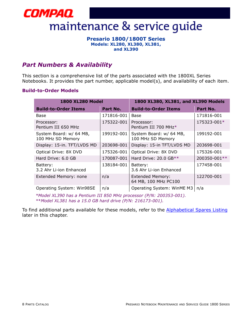 Partnumbers&availability, Build-to-order models, Part numbers & availability | Compaq XL280 User Manual | Page 130 / 134