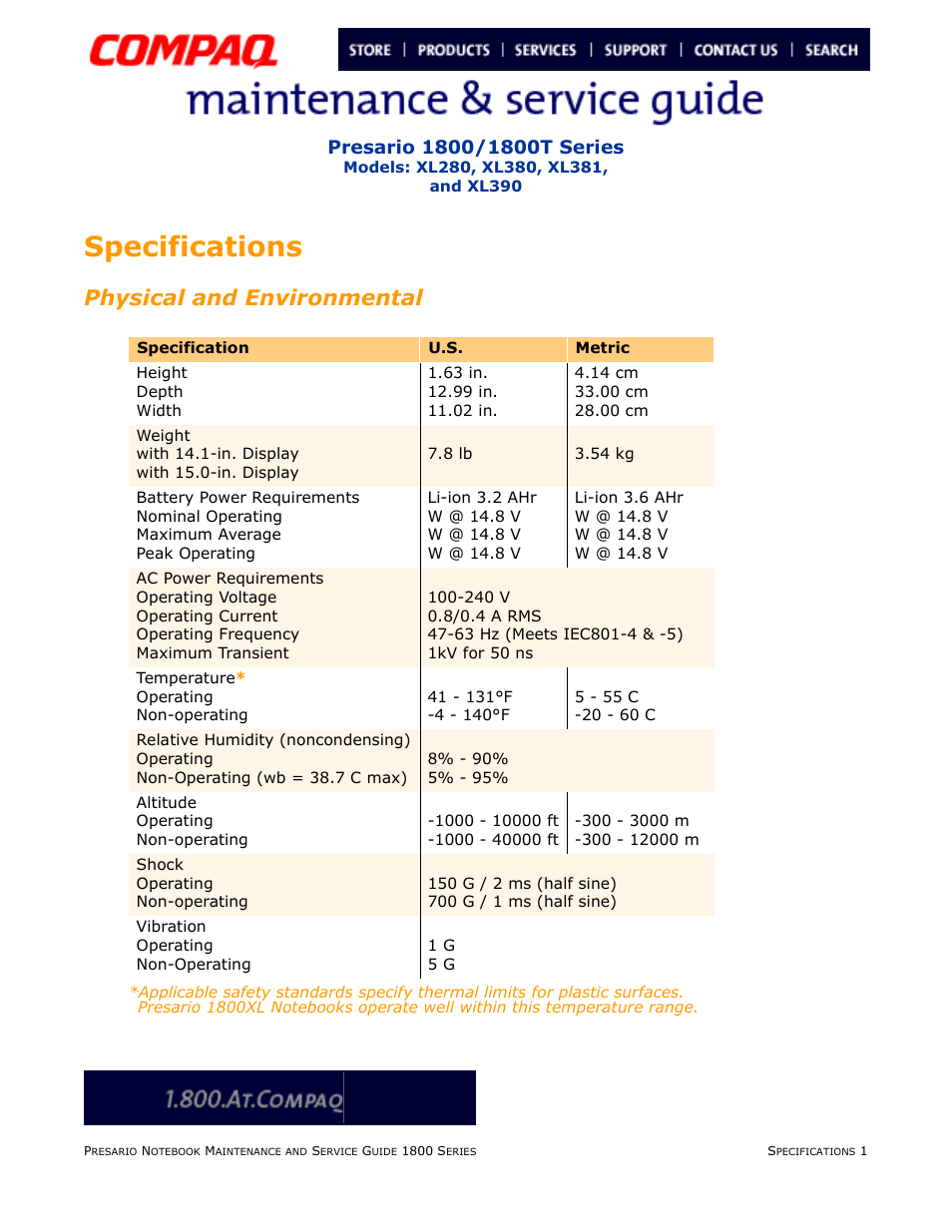 Specsifications, Specifications, Physical and environmental | Compaq XL280 User Manual | Page 17 / 134