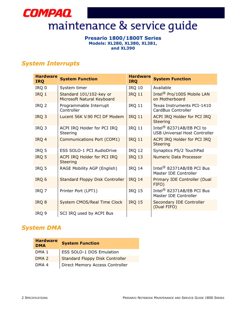 System interrupts, System dma, System interrupts system dma | Compaq XL280 User Manual | Page 18 / 134