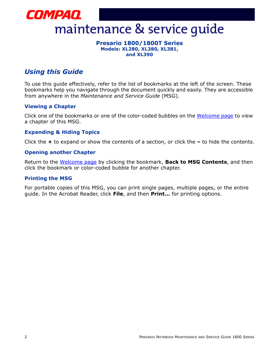 Using this guide, Viewing a chapter, Expanding & hiding topics | Opening another chapter, Printing the msg | Compaq XL280 User Manual | Page 2 / 134