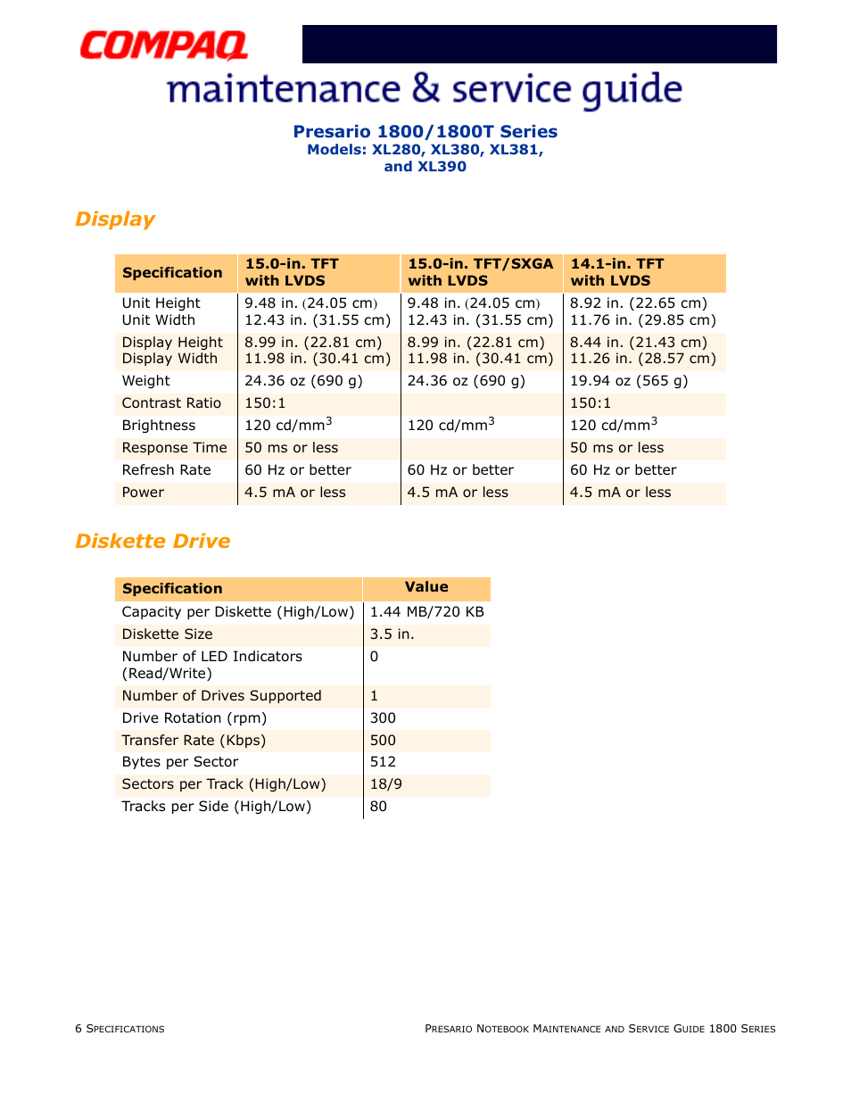 Display, Diskette drive, Display diskette drive | Compaq XL280 User Manual | Page 22 / 134