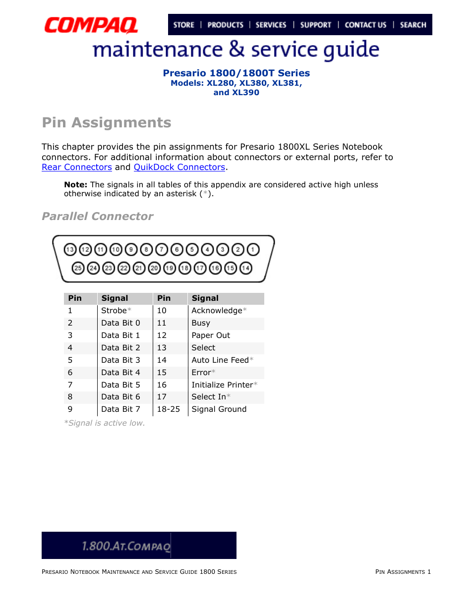 Pin assignments, Parallel connector, Assignments | Compaq XL280 User Manual | Page 25 / 134