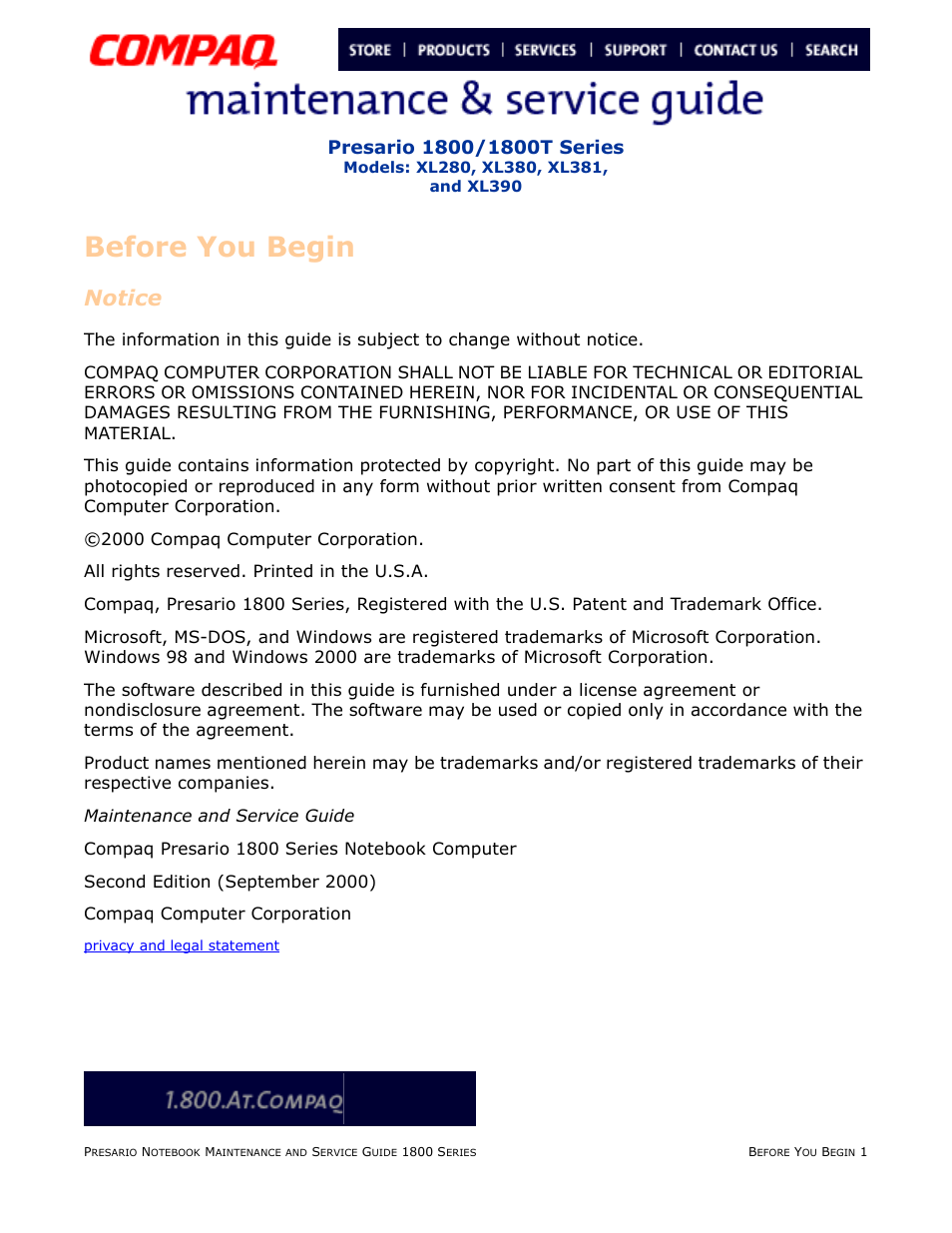 Before you begin, Notice, Before you | Begin | Compaq XL280 User Manual | Page 3 / 134