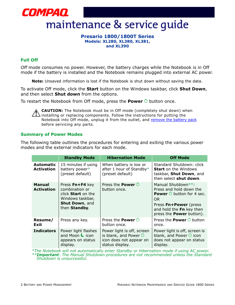 Full off, Summary of power modes | Compaq XL280 User Manual | Page 31 / 134