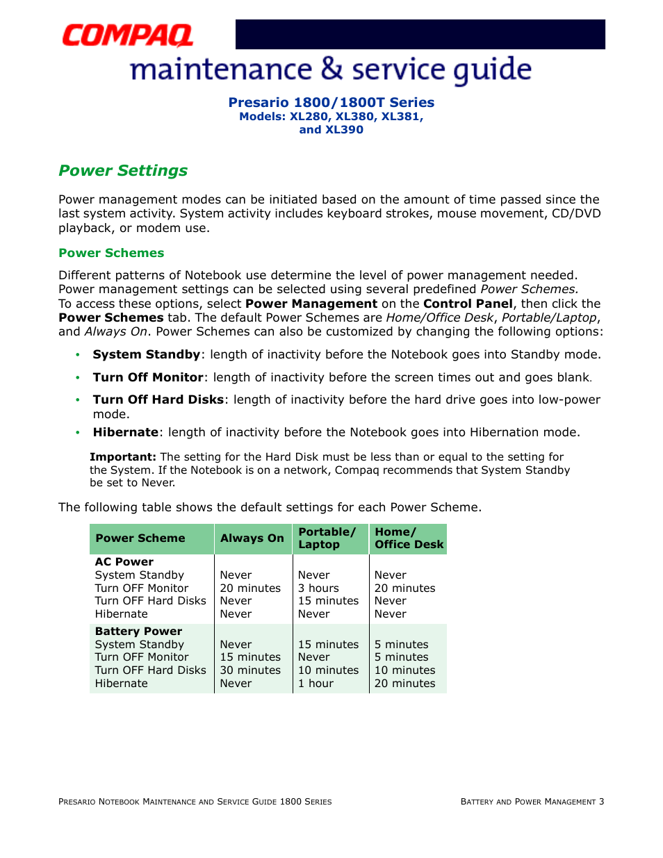 Power settings, Power schemes | Compaq XL280 User Manual | Page 32 / 134