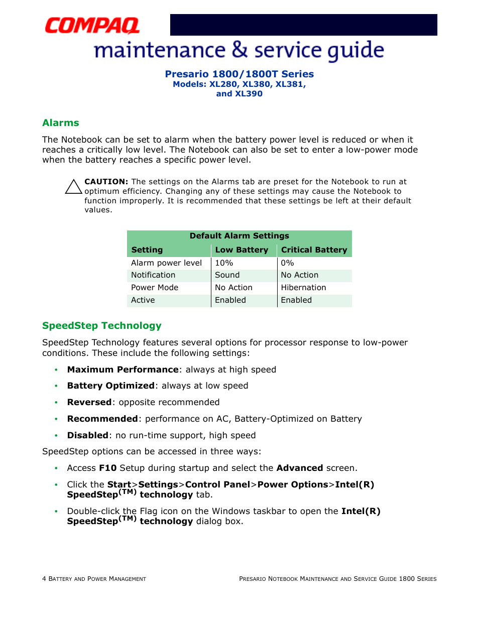 Alarms, Speedstep technology | Compaq XL280 User Manual | Page 33 / 134