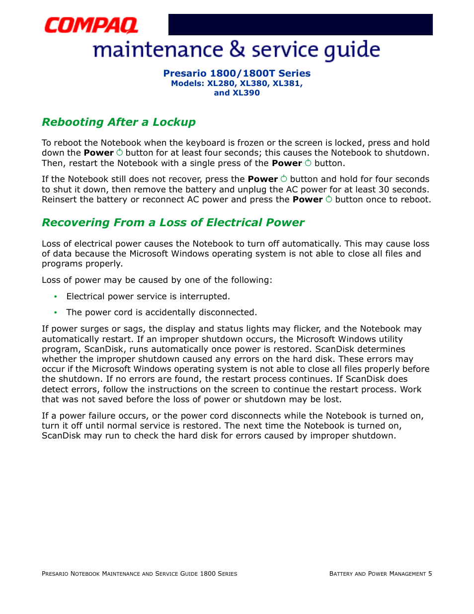 Rebooting after a lockup, Recovering from a loss of electrical power | Compaq XL280 User Manual | Page 34 / 134