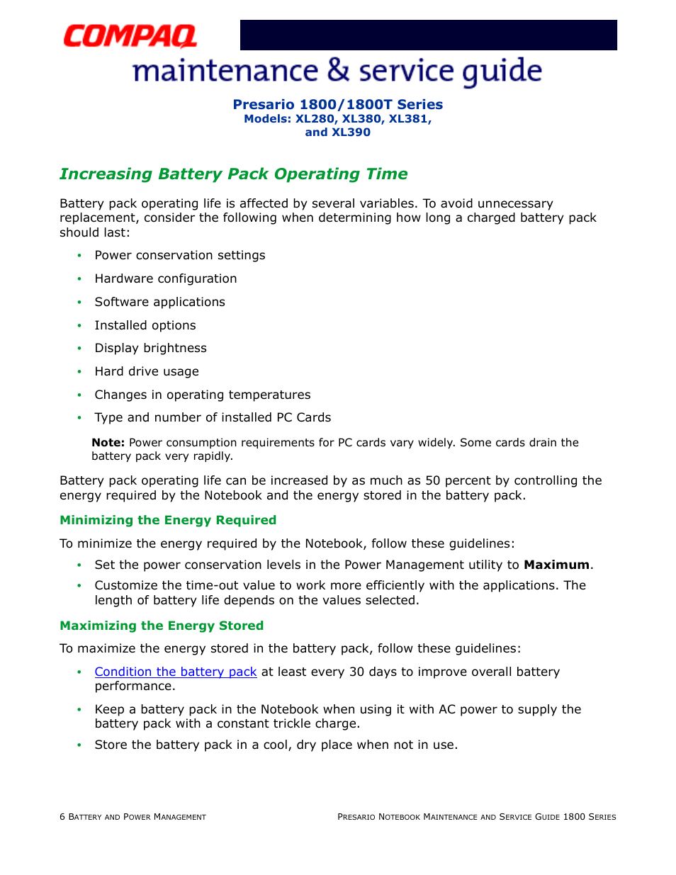 Increasing battery pack operating time, Minimizing the energy required, Maximizing the energy stored | Compaq XL280 User Manual | Page 35 / 134