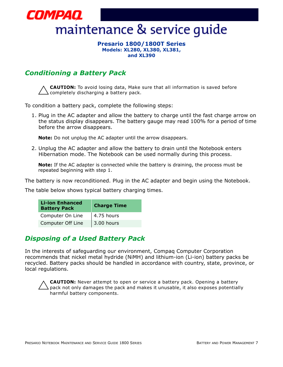 Conditioning a battery pack, Disposing of a used battery pack | Compaq XL280 User Manual | Page 36 / 134