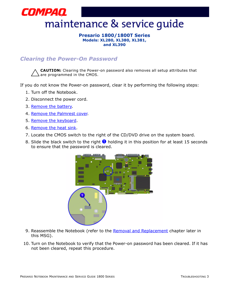 Clearing the power-on password, Clearing the power-on, Password | Compaq XL280 User Manual | Page 39 / 134