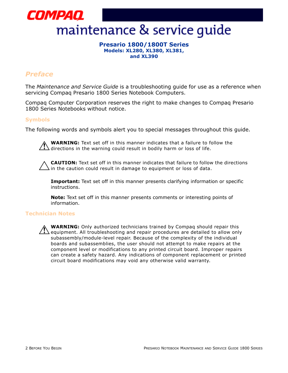 Preface, Symbols, Technician notes | Compaq XL280 User Manual | Page 4 / 134