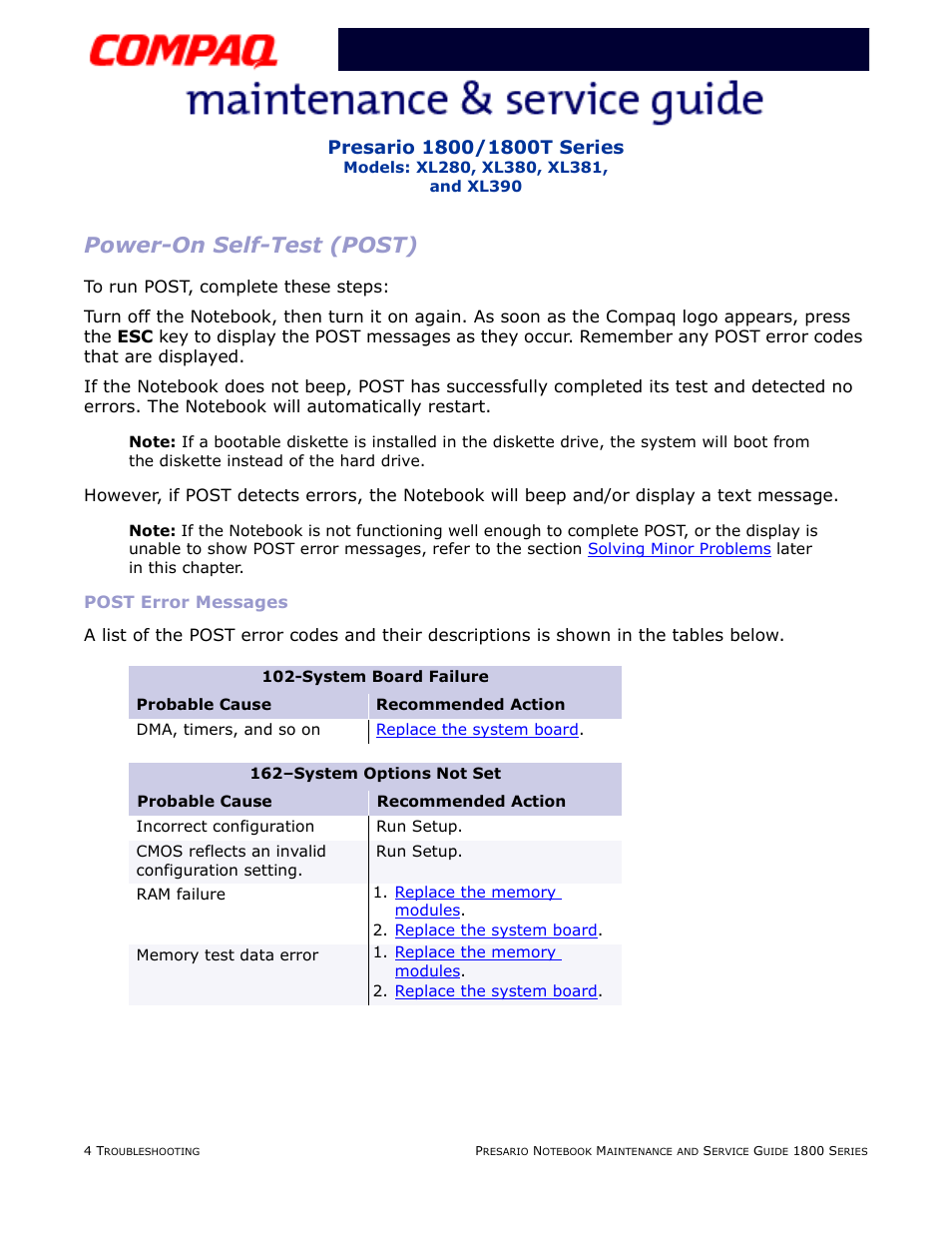 Power-on self-test (post), Post error messages, Post | Running | Compaq XL280 User Manual | Page 40 / 134