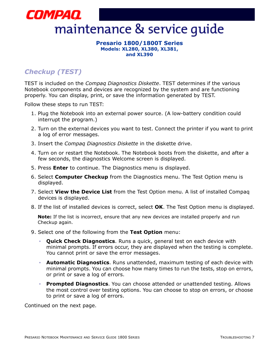Checkup (test) | Compaq XL280 User Manual | Page 43 / 134