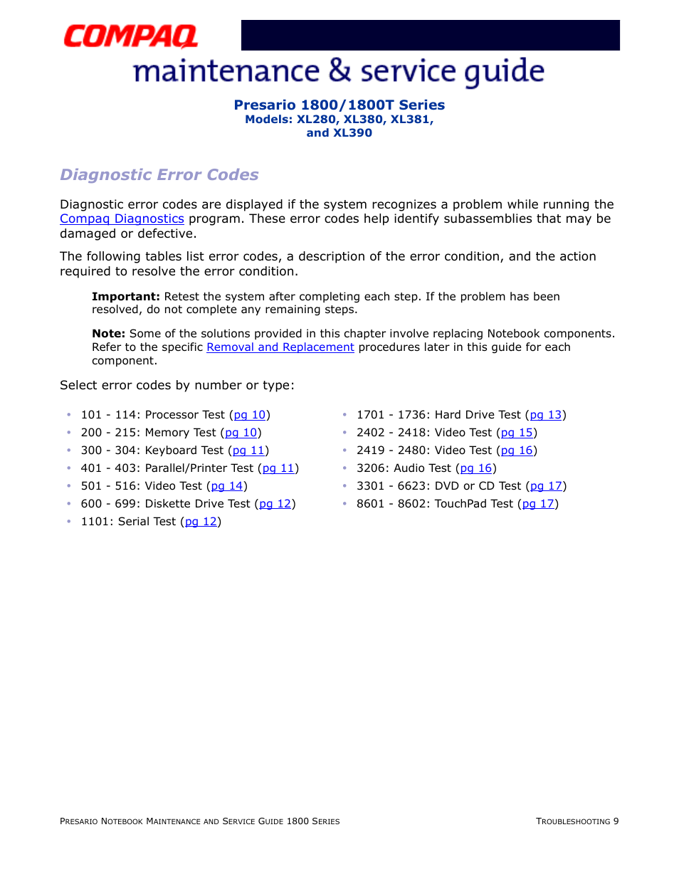 Diagnostic error codes | Compaq XL280 User Manual | Page 45 / 134