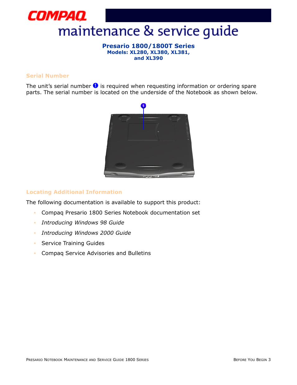 Locating the serial number, Locating additional information | Compaq XL280 User Manual | Page 5 / 134