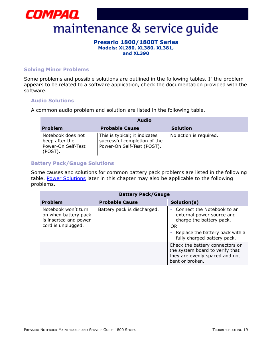 Solving minor problems, Audio solutions, Battery pack/gauge solutions | Audio, Battery | Compaq XL280 User Manual | Page 55 / 134