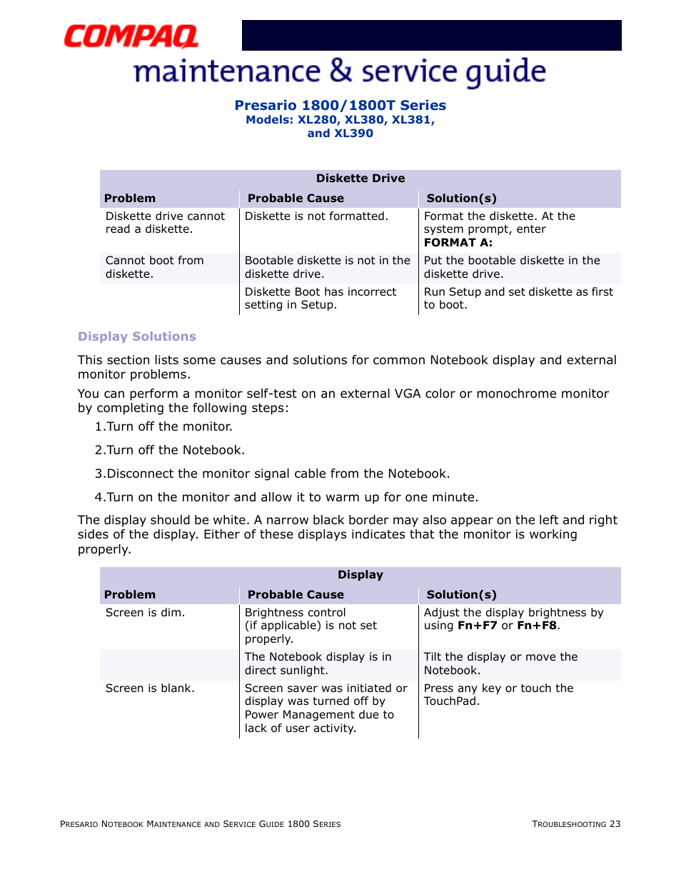 Display solutions, Display | Compaq XL280 User Manual | Page 59 / 134