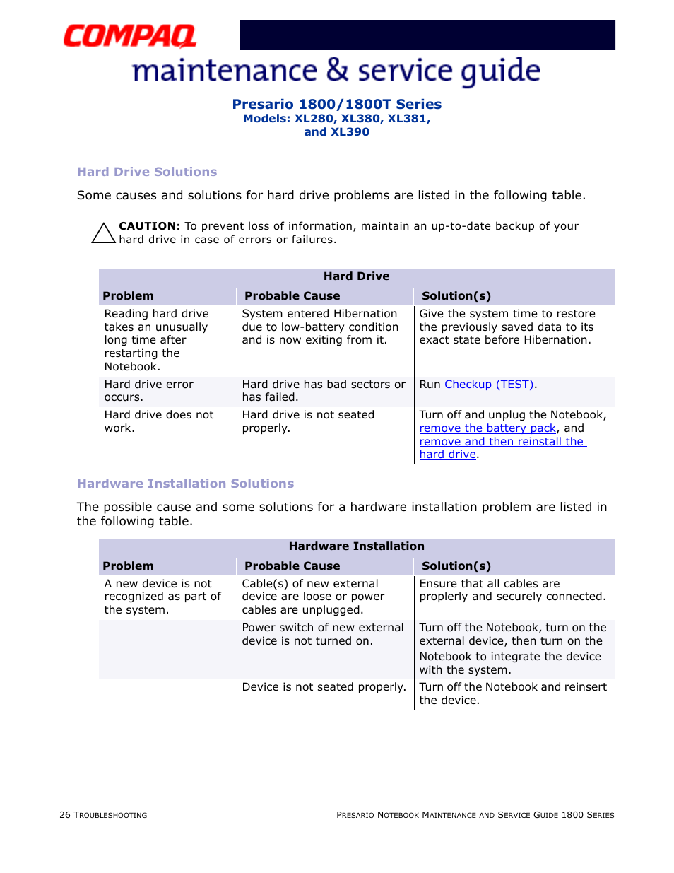 Hard drive solutions, Hardware installation solutions, Hard drive | Hardware installation | Compaq XL280 User Manual | Page 62 / 134