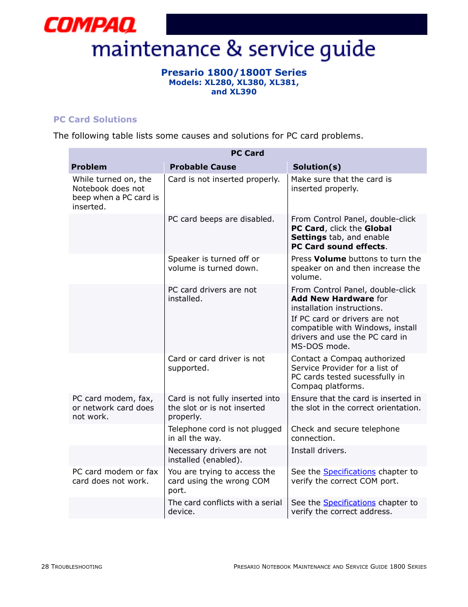 Pc card solutions, Pc card | Compaq XL280 User Manual | Page 64 / 134