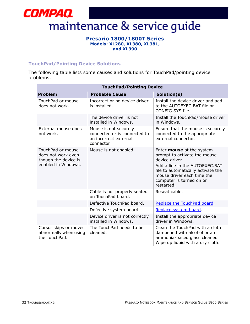 Touchpad/pointing device solutions, Touchpad | Compaq XL280 User Manual | Page 68 / 134