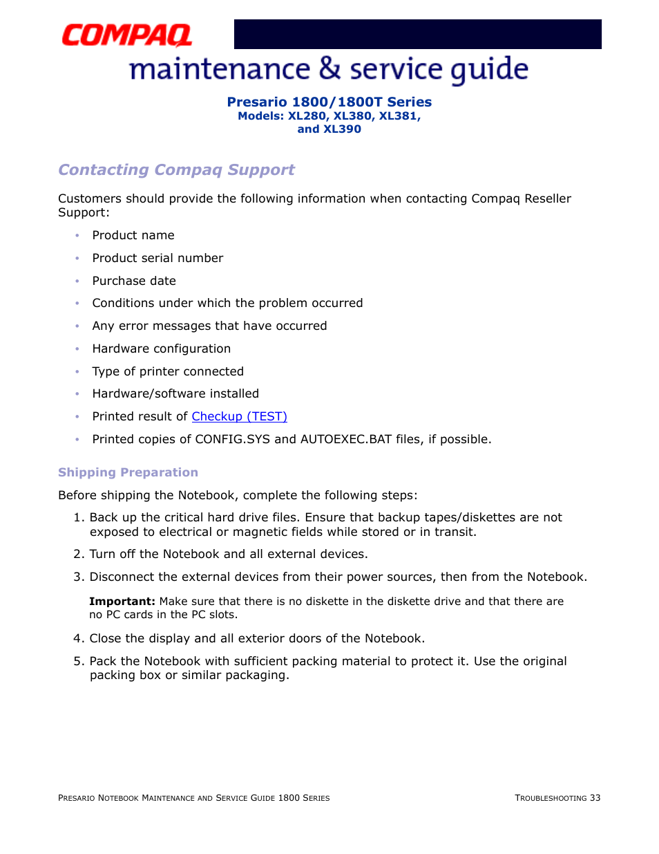 Contacting compaq support, Shipping preparation | Compaq XL280 User Manual | Page 69 / 134