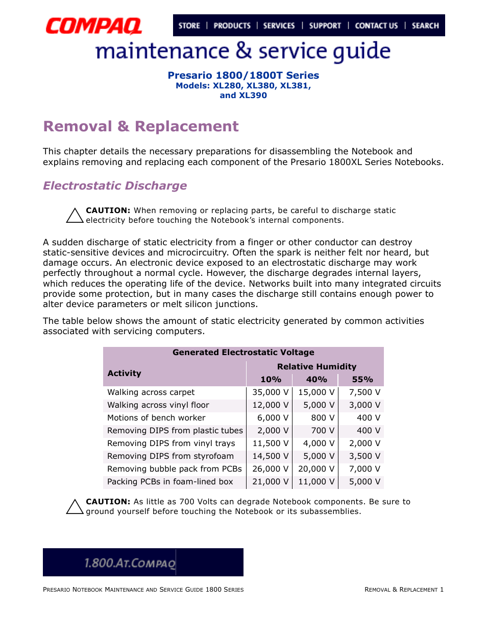 Removal & replacement, Electrostatic discharge, Removal | Replacement | Compaq XL280 User Manual | Page 70 / 134