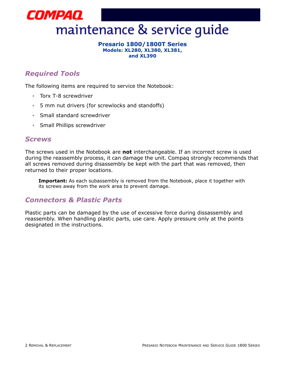 Required tools, Screws, Connectors & plastic parts | Compaq XL280 User Manual | Page 71 / 134