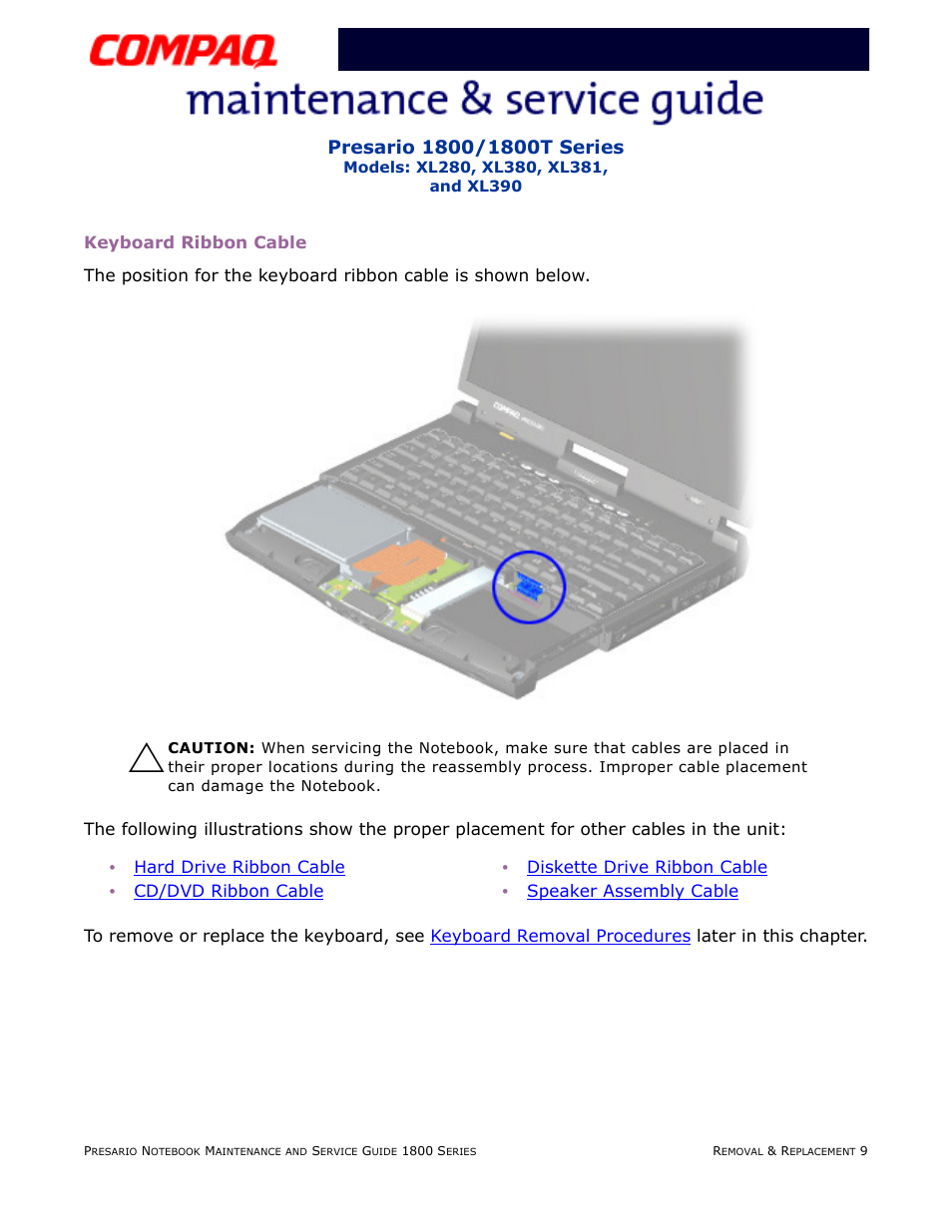 Keyboard ribbon cable | Compaq XL280 User Manual | Page 78 / 134