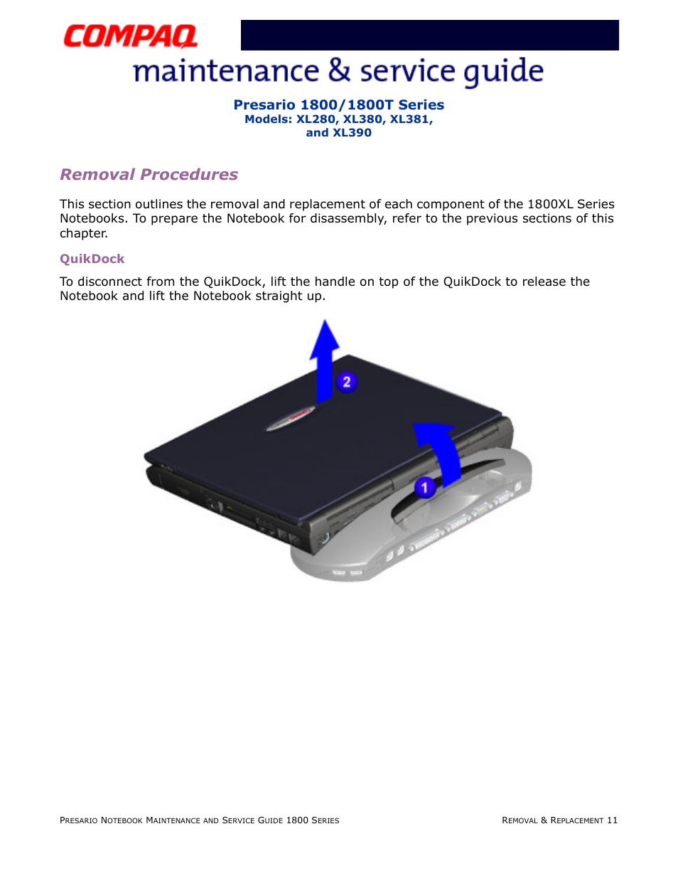 Removal procedures, Quikdock, Pg 11 | Compaq XL280 User Manual | Page 80 / 134