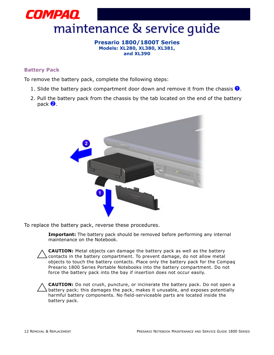 Battery pack, Ry pack, Pg 12 | Compaq XL280 User Manual | Page 81 / 134