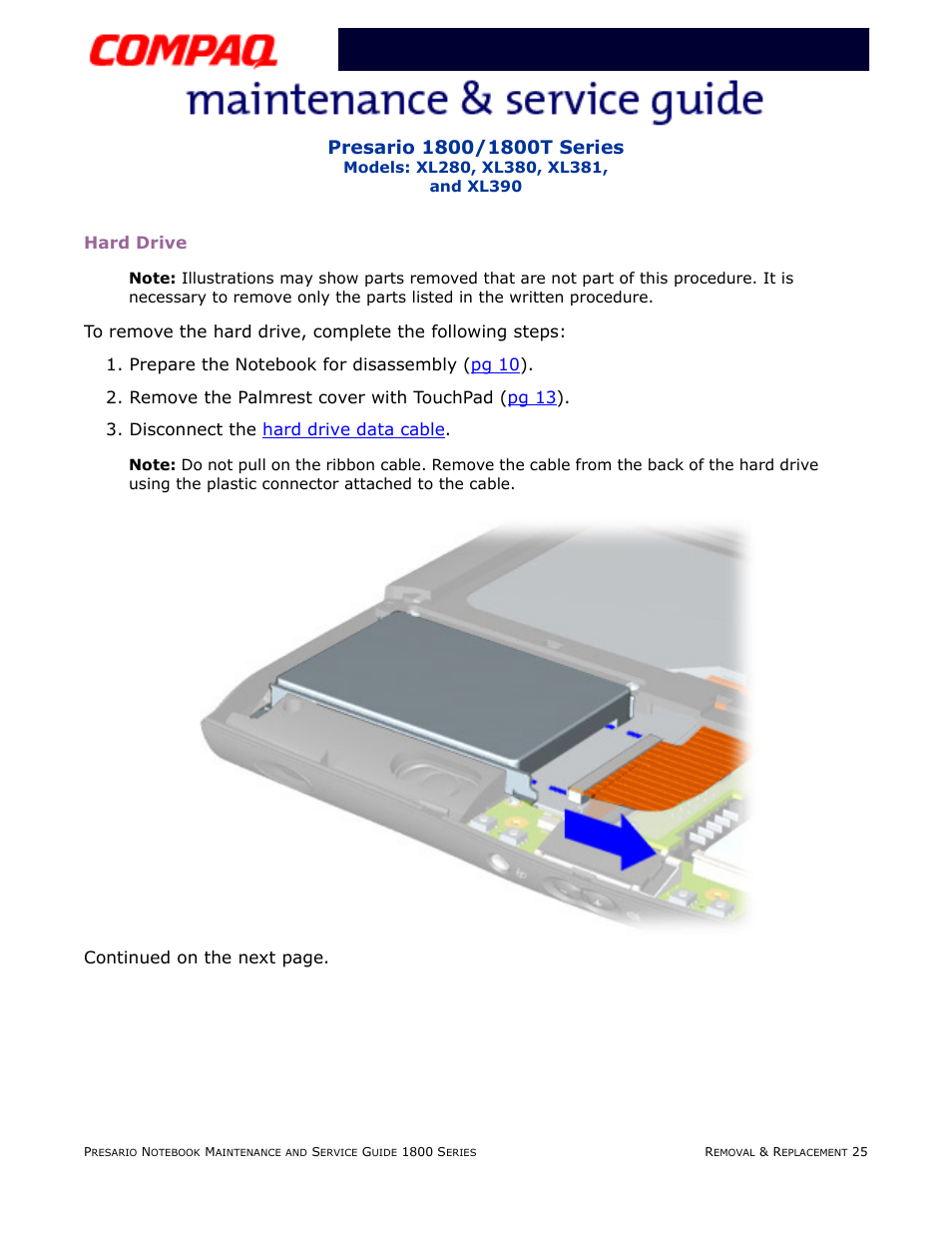 Hard drive, Hard drive removal procedures, Continued on the next page | Compaq XL280 User Manual | Page 94 / 134