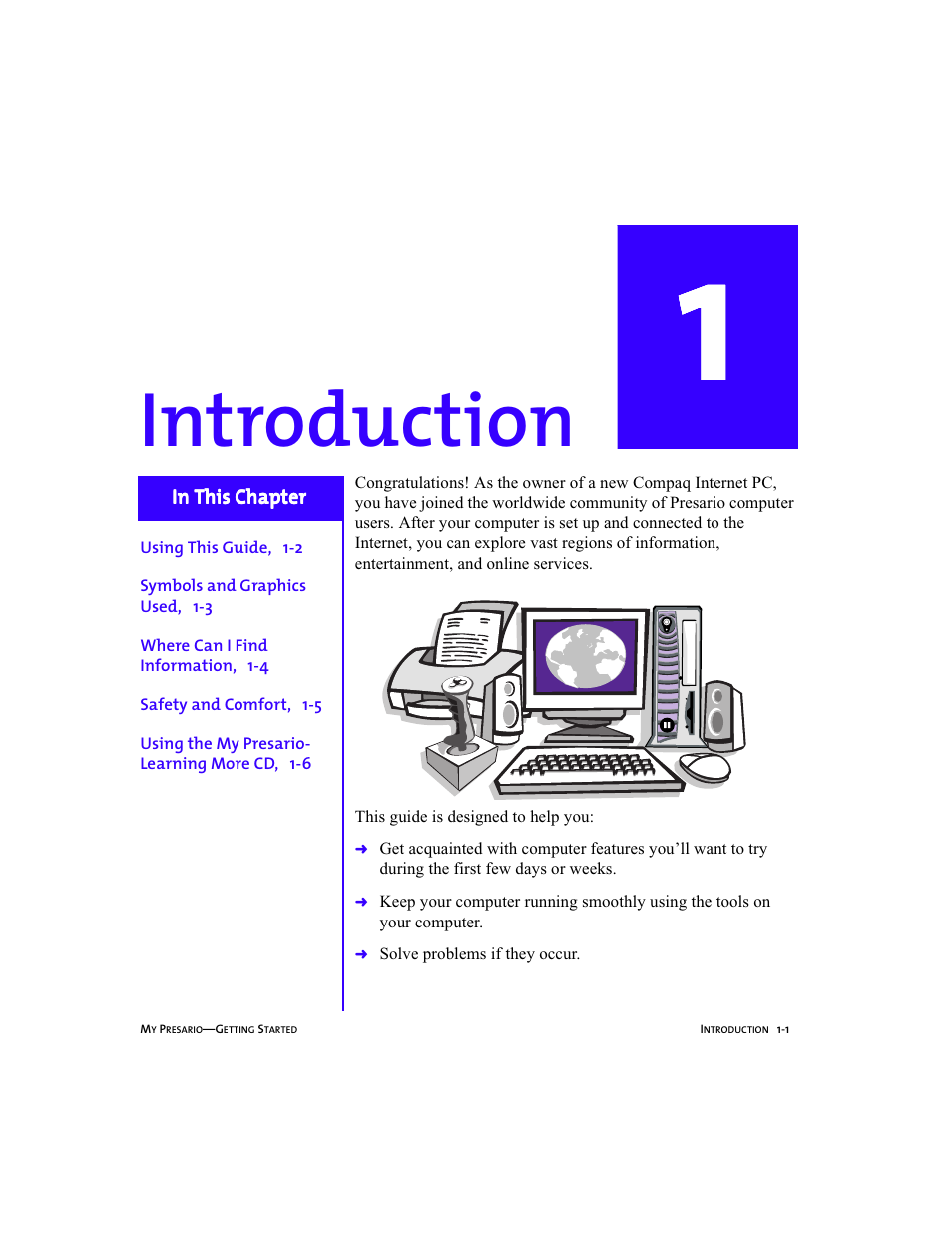 Graphic, Body, Chapter contents item - using this guide, 1-2 | Chapter contents item - safety and comfort, 1-5, Chapter 1 introduction -1, Introduction | Compaq Presario 5BW474 User Manual | Page 10 / 77