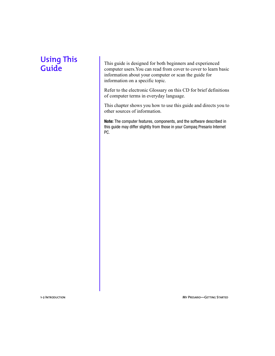 Heading2left - using this guide, Heading2 - using this guide, Using this guide -2 | Using this guide, 1-2, Using this guide | Compaq Presario 5BW474 User Manual | Page 11 / 77