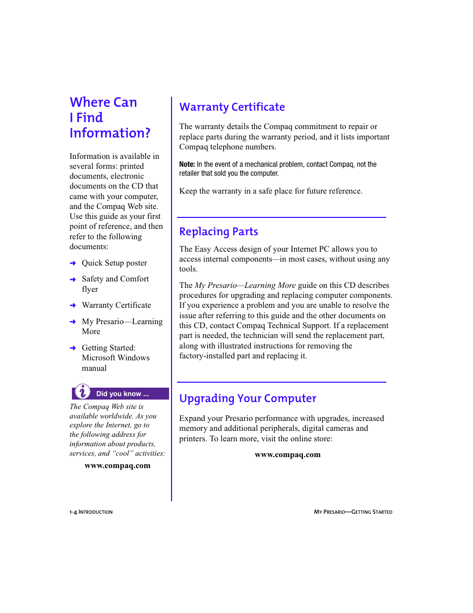 Heading2left - where can i find information, Graphic - l, Heading2 - where can i find information | Heading3 - warranty certificate, Heading3 - upgrading your computer, Where can i find information -4, Warranty certificate -4, Upgrading your computer -4, Where can i find information, 1-4, Where can i find information | Compaq Presario 5BW474 User Manual | Page 13 / 77