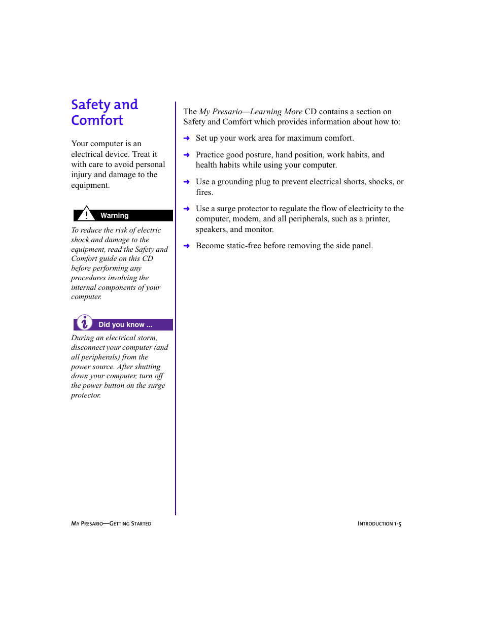 Heading2left - safety and comfort, Graphic, Heading2 - safety and comfort | Safety and comfort -5, Safety and comfort, 1-5, Safety and comfort | Compaq Presario 5BW474 User Manual | Page 14 / 77