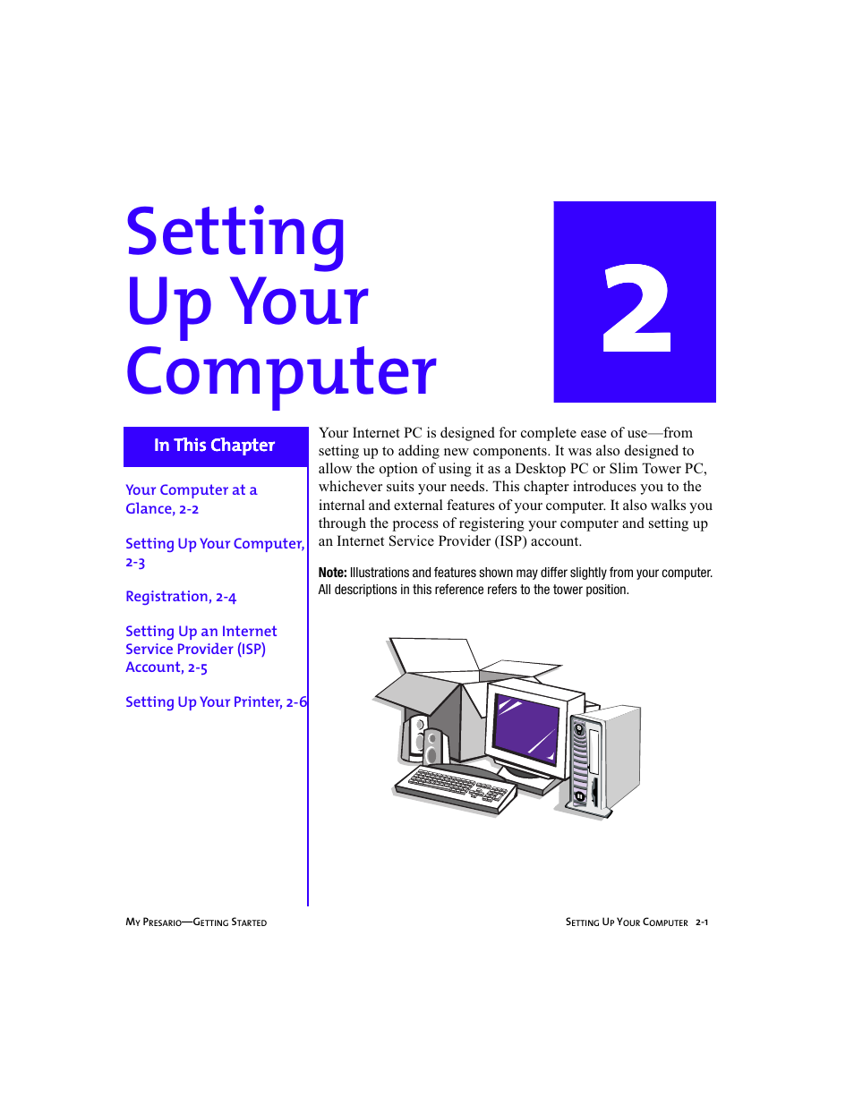 Graphic, Body, Chapter contents item - registration, 2-4 | Chapter 2 setting up your computer -1, Setting up your computer | Compaq Presario 5BW474 User Manual | Page 16 / 77