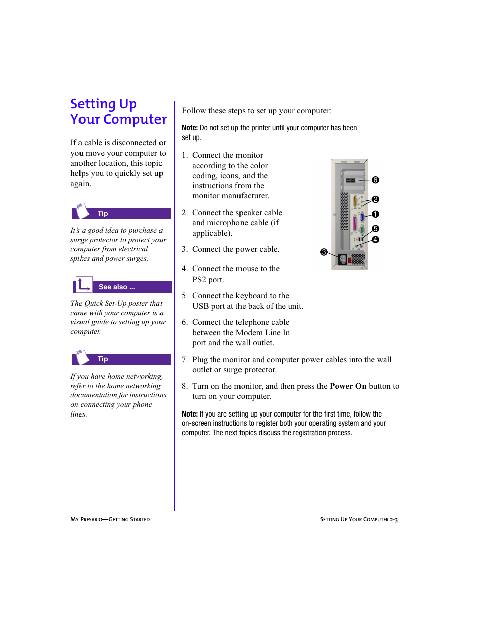 Heading2left - setting up your computer, Graphic, Heading2 - setting up your computer | Numlist - 3. connect the power cable, Numlist - 4. connect the mouse to the ps2 port, Setting up your computer -3, Setting up your computer, 2-3, Setting up your computer | Compaq Presario 5BW474 User Manual | Page 18 / 77