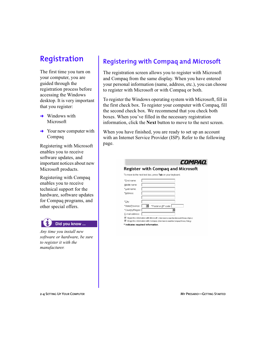 Heading2left - registration, Graphic, Heading2 - registration | Heading3 - registering with compaq and microsoft, Registration -4, Registering with compaq and microsoft -4, Registration, 2-4, Registration, Registering with compaq and microsoft | Compaq Presario 5BW474 User Manual | Page 19 / 77