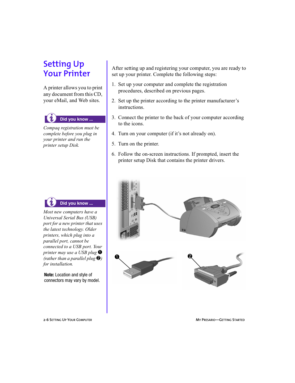 Heading2left - setting up your printer, Graphic, Body | Heading2 - setting up your printer, Numlistright - 5. turn on the printer, Setting up your printer -6, Setting up your printer, 2-6, Setting up your printer | Compaq Presario 5BW474 User Manual | Page 21 / 77