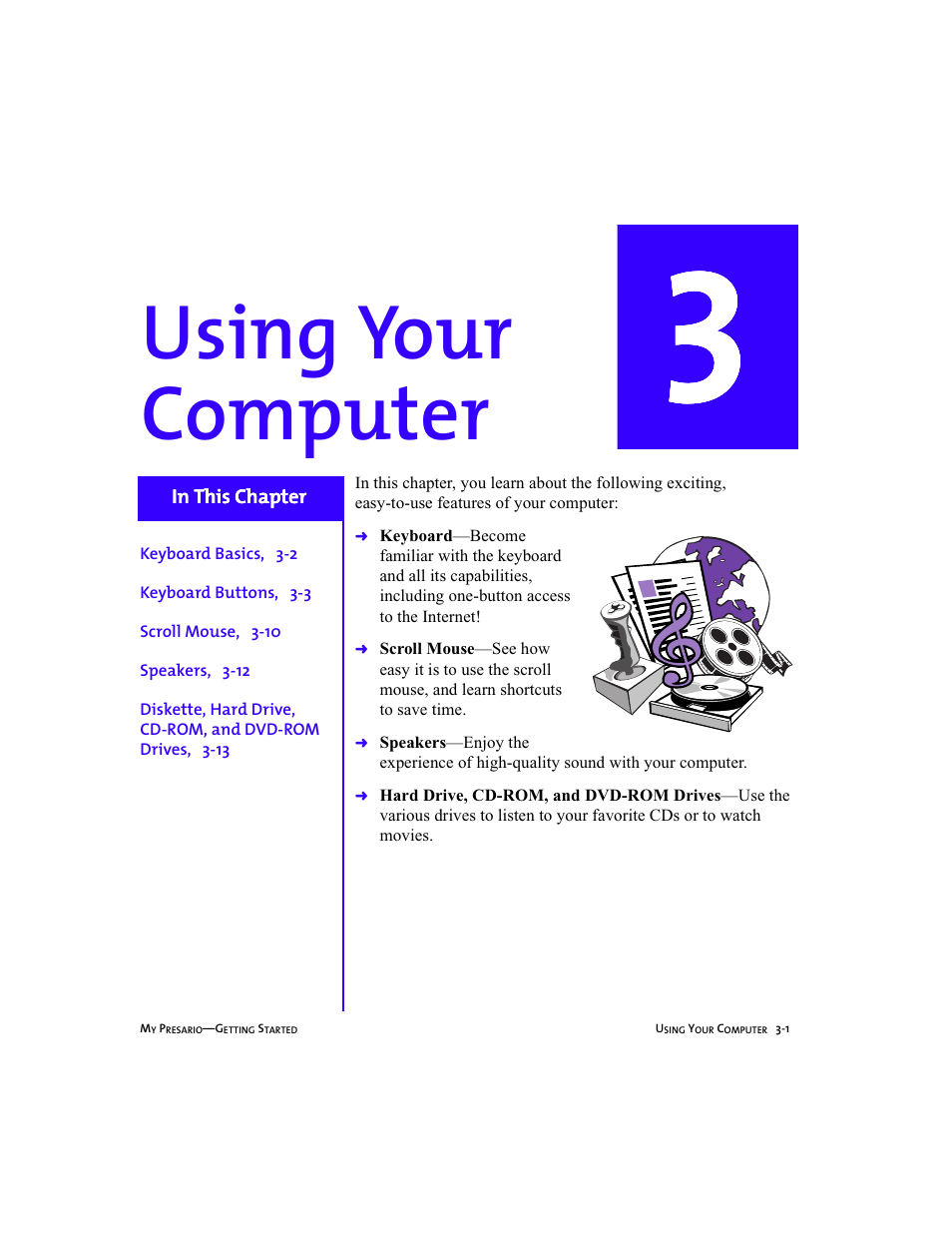 Body, Chapter contents item, Chapter contents item - keyboard basics, 3-2 | Chapter contents item - keyboard buttons, 3-3, Chapter contents item - scroll mouse, 3-10, Chapter contents item - speakers, 3-12, Chapter 3 using your computer -1, Using your computer | Compaq Presario 5BW474 User Manual | Page 22 / 77