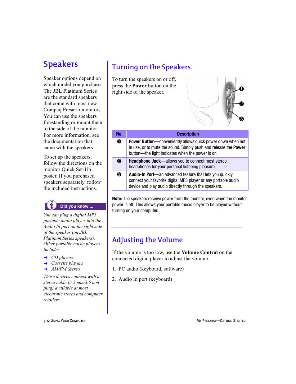 Heading2left - speakers, Graphic, Heading2 - speakers | Heading3 - turning on the speakers, Body, Bodyindentright, Heading3 - adjusting the volume, Numlistright1 - 1. pc audio (keyboard, software), Numlistright - 2. audio in port (keyboard), Speakers -12 | Compaq Presario 5BW474 User Manual | Page 33 / 77